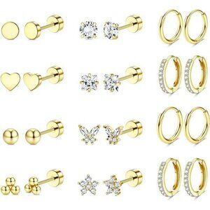 Surgical Steel Flat Back Earrings Set 14K Gold Stud Hoop for Piercings